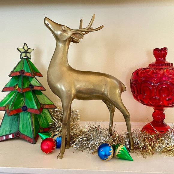 Large 12" Mid Century Standing Brass Deer Figure Xmas Reindeer Holiday Decor - Picture 1 of 8